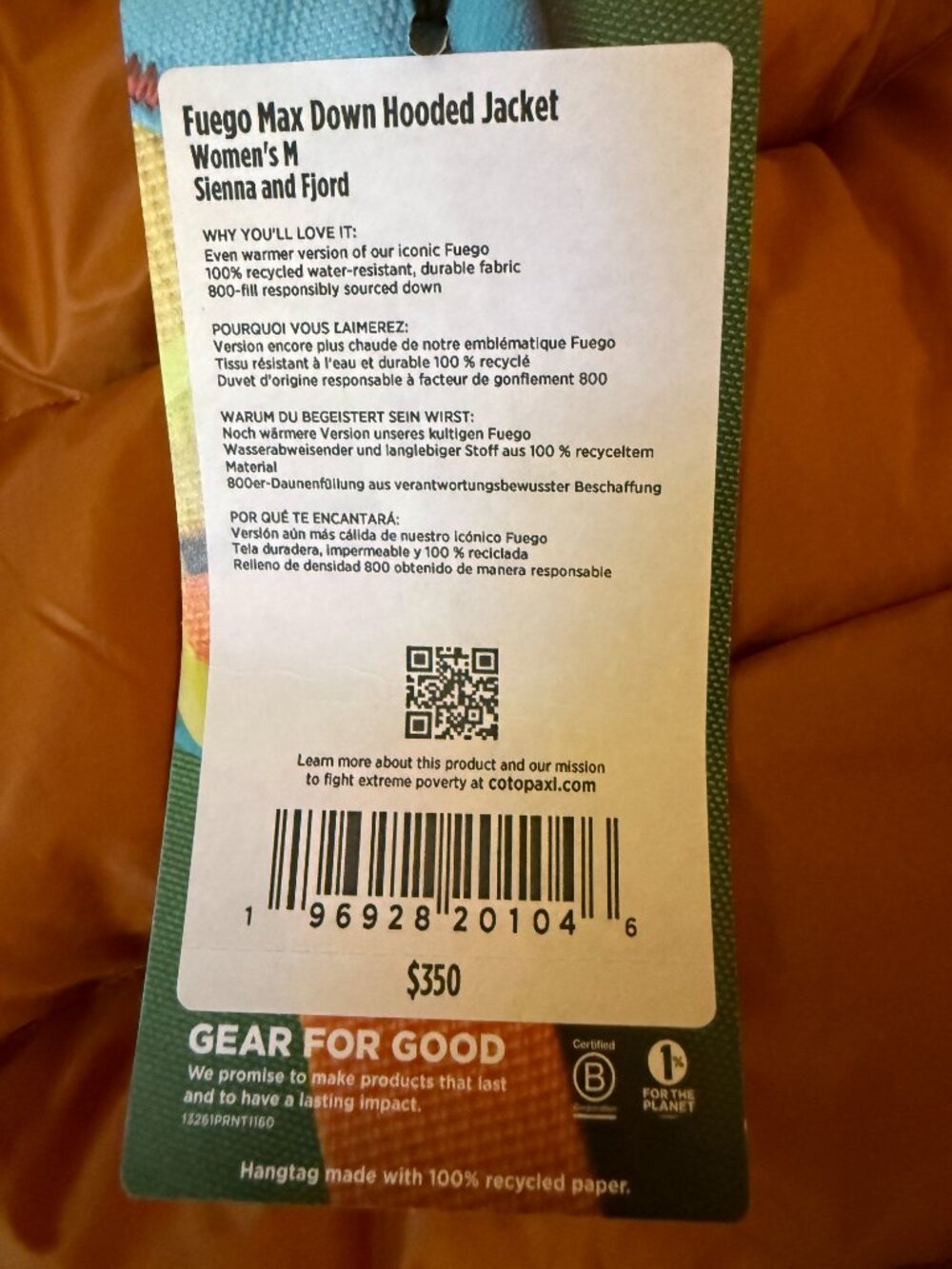 Cotopaxi Fuego Max Down Jacket Sienna/Fjord Women's Medium New With Tags - Picture 6 of 7
